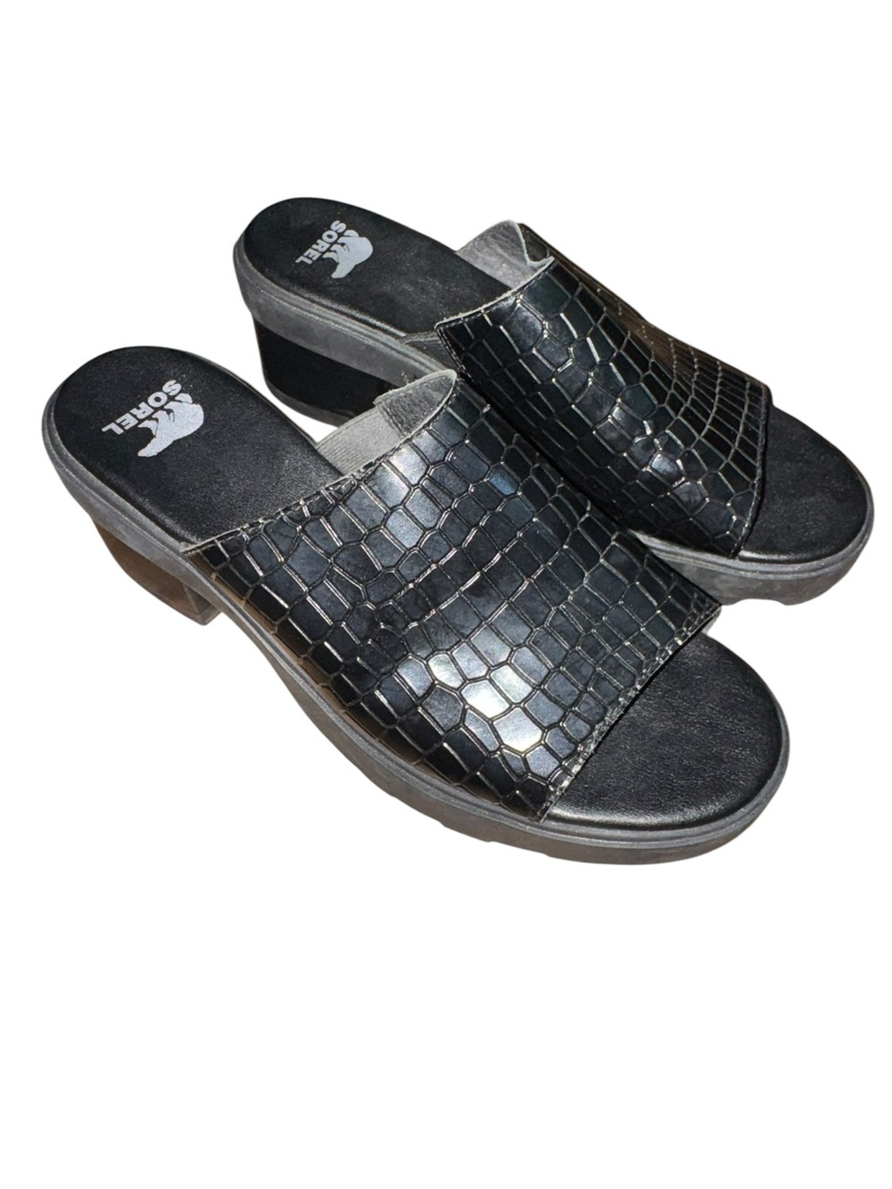 Sorel Dayspring Black Croc Embossed Leather Slide Sandals Block Heel Women’s 9.5